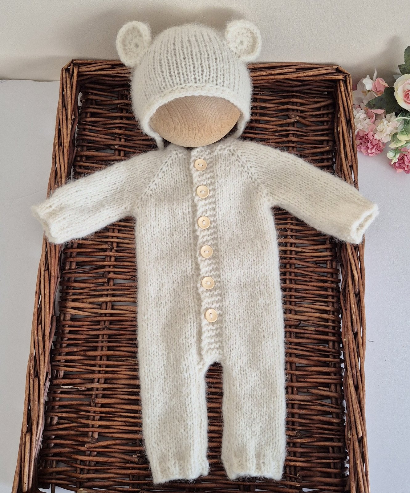 Hand made Baby footed (or open foot) Romper Pyjama And Bear Bonnet set - Newborn to 3 months sizes (Made to order)