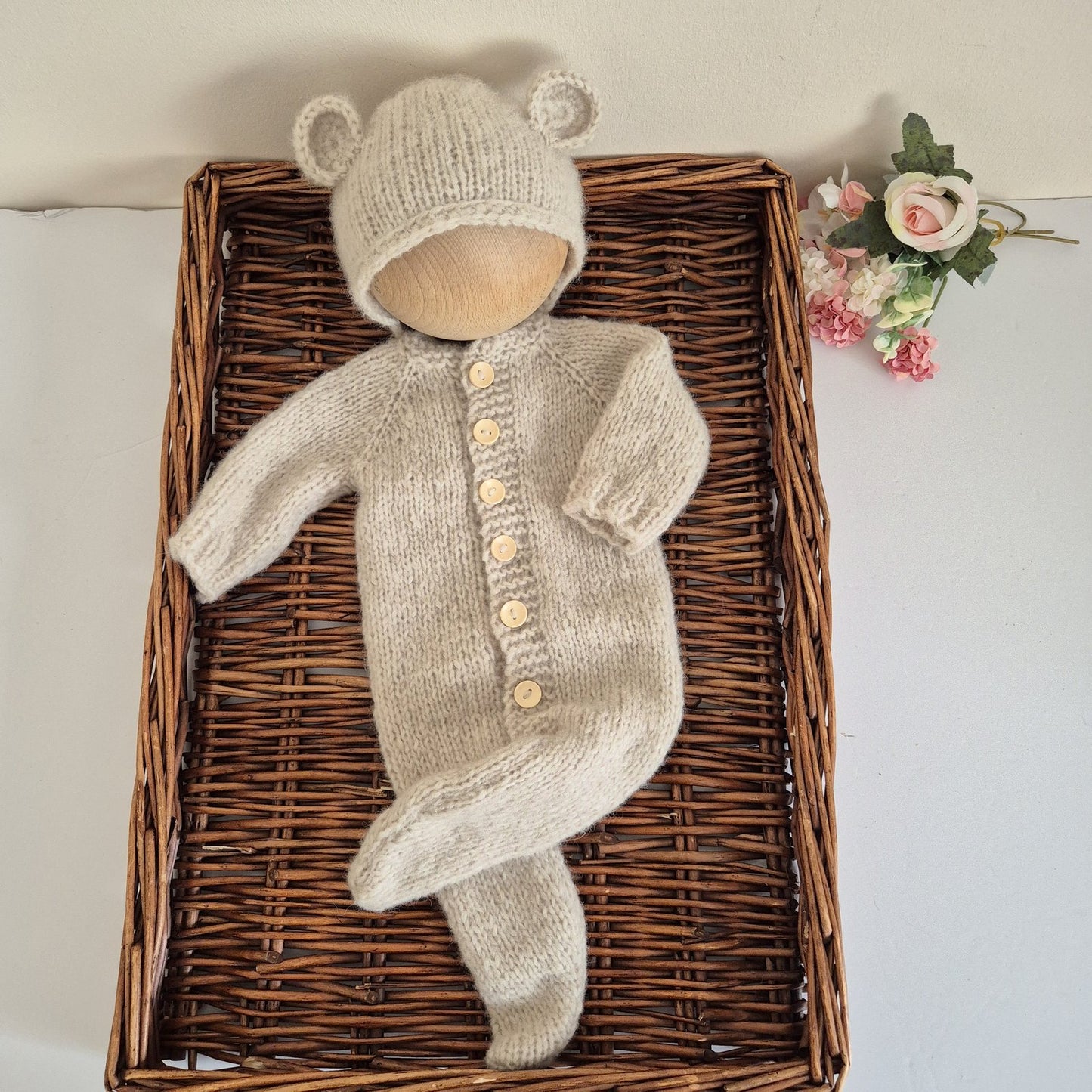 Hand made Baby footed (or open foot) Romper Pyjama And Bear Bonnet set - Newborn to 3 months sizes (Made to order)