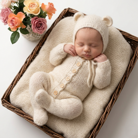 Handknit baby Bear Footed overalls outfit, for use as a photography prop for newborn to 3 months&nbsp; babies.

This handmade bear suit is knit with long sleeves, and legs with 'feet, with buttons down the front.