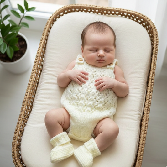 Cream Knitted Lace baby girl romper with matching booties 0-3 months  (Ready to Send)