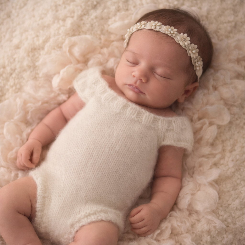 Sleeveless, legless romper knit in soft alpaca yarn, that is a classic newborn photography prop.
Handknit Newborn baby romper for baby girls, lovely as a prop for your babys first photos. Designed to be a slightly snug fit, to show off little curves, chubby arms and legs.