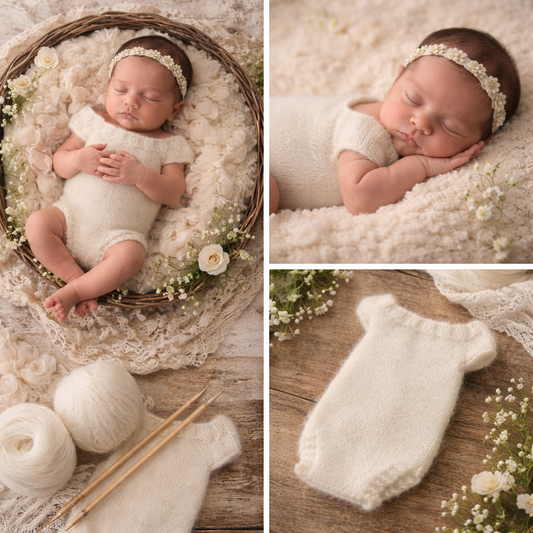 Collage of a newborn baby in white outfit with floral headband, surrounded by yarn and knitting needles.