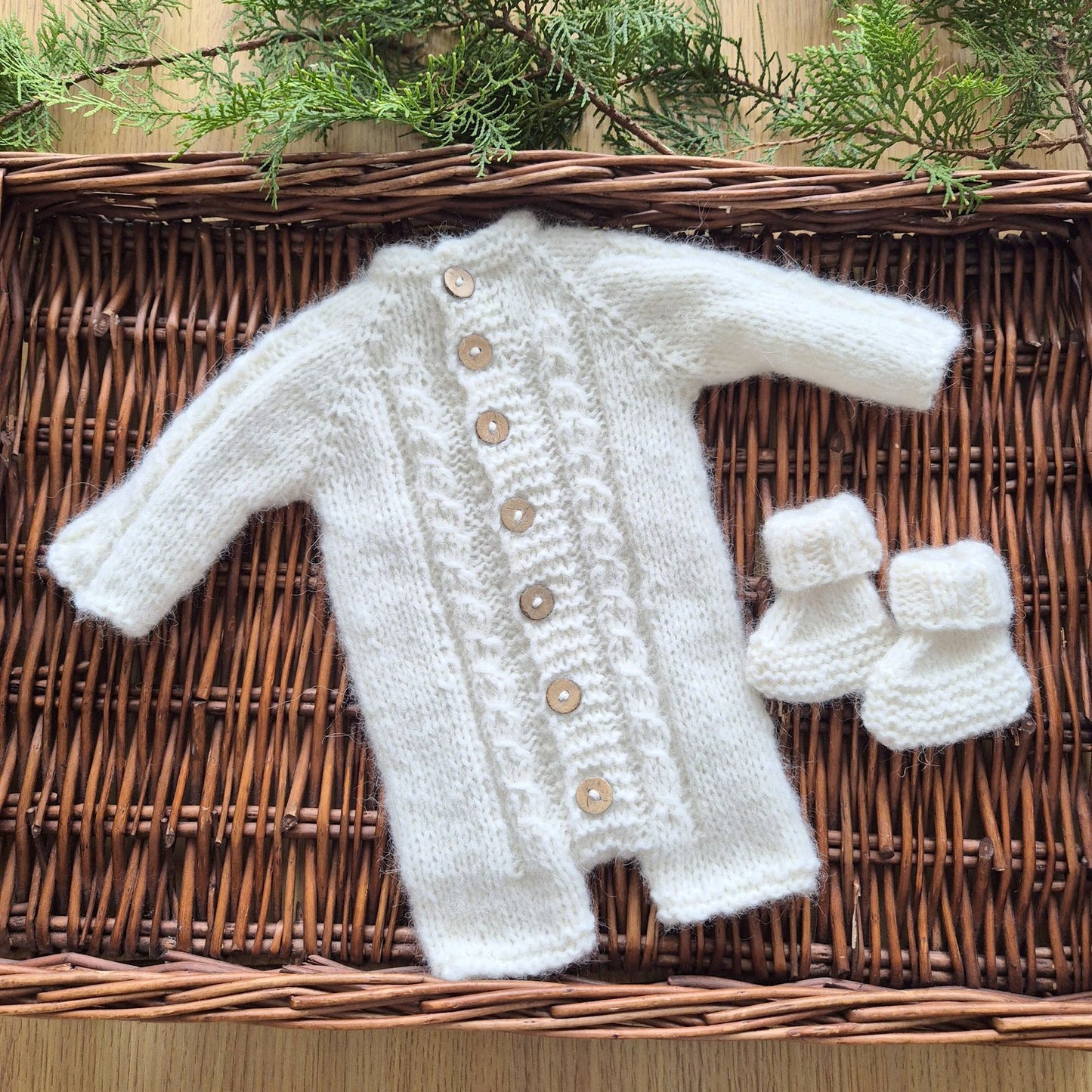 Cable Knitted Baby Romper and Bootie Set Newborn or 0-3 months (Made to Order) Choose colours