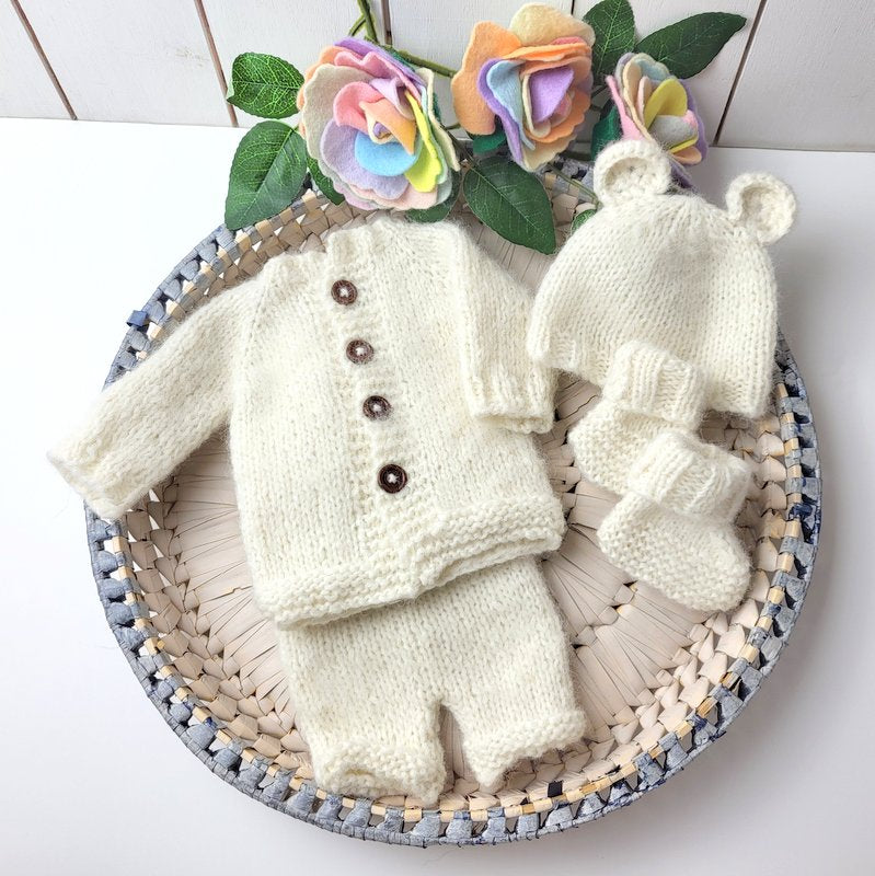 knitted baby outfit baby shower gift, knit baby cardigan, knit short pants, baby bear hat and matching booties