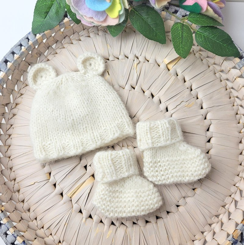 handknit cream baby bear hat and booties