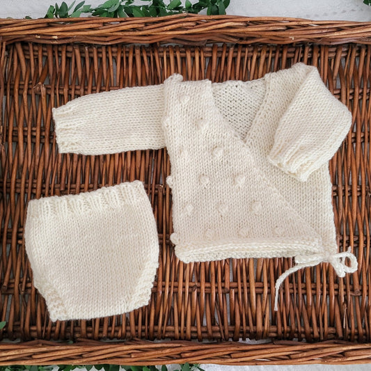 cream knitted newborn baby kimono jumper and pants set photography prop
