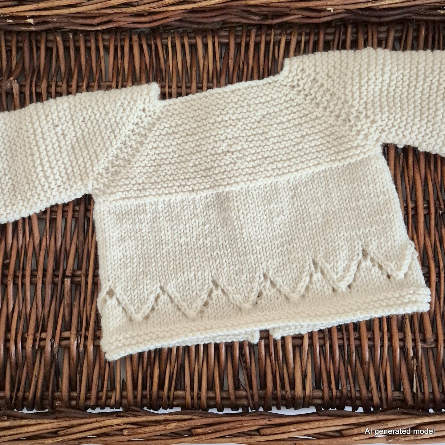 Handknit baby cardigan, romper and booties set. Ready to send. The outfit is made to fit a baby of 0-3 months old. Perfect as a baby shower gift or as a gorgeous set to match your baby's wardrobe.

The cardigan is knit with a chevron lace pattern on the edge, and a ridged pattern across the bodice and sleeves, with wooden buttons down the front. The matching romper has shoulder straps, the same chevron lace pattern, and buttons for diaper changes.