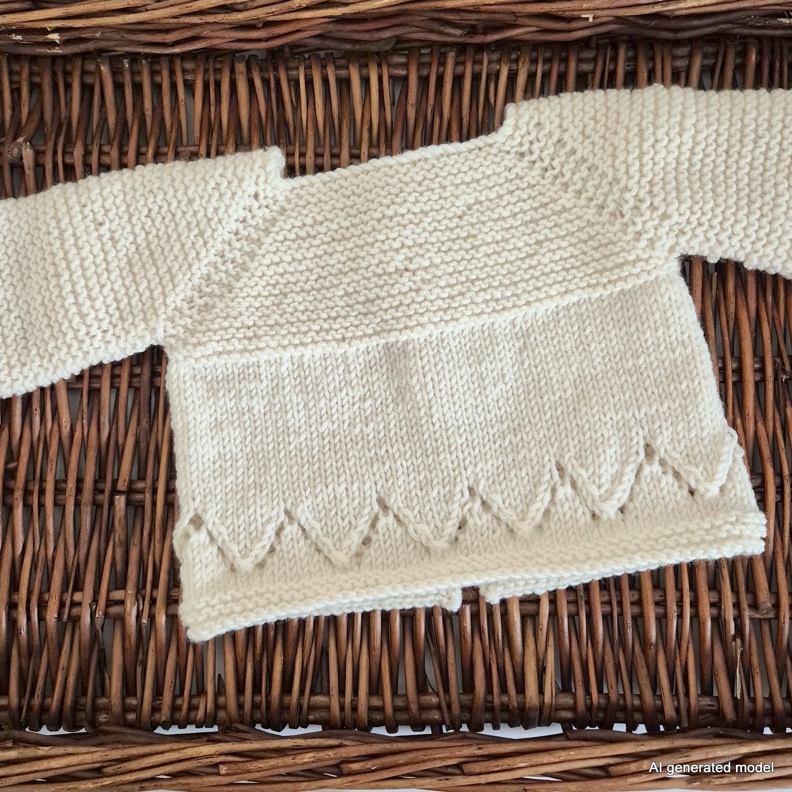 Handknit baby cardigan, romper and booties set. Ready to send. The outfit is made to fit a baby of 0-3 months old. Perfect as a baby shower gift or as a gorgeous set to match your baby's wardrobe.

The cardigan is knit with a chevron lace pattern on the edge, and a ridged pattern across the bodice and sleeves, with wooden buttons down the front. The matching romper has shoulder straps, the same chevron lace pattern, and buttons for diaper changes.