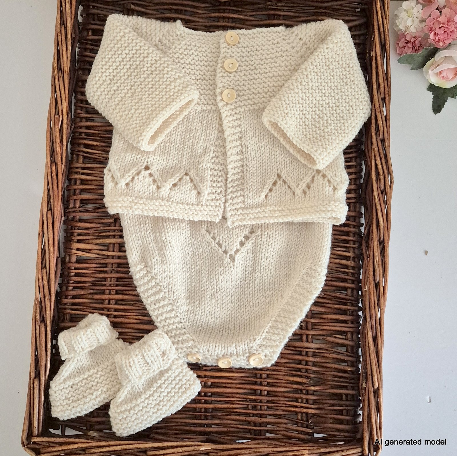 Handknit baby cardigan, romper and booties set. Ready to send. The outfit is made to fit a baby of 0-3 months old. Perfect as a baby shower gift or as a gorgeous set to match your baby's wardrobe.

The cardigan is knit with a chevron lace pattern on the edge, and a ridged pattern across the bodice and sleeves, with wooden buttons down the front. The matching romper has shoulder straps, the same chevron lace pattern, and buttons for diaper changes.