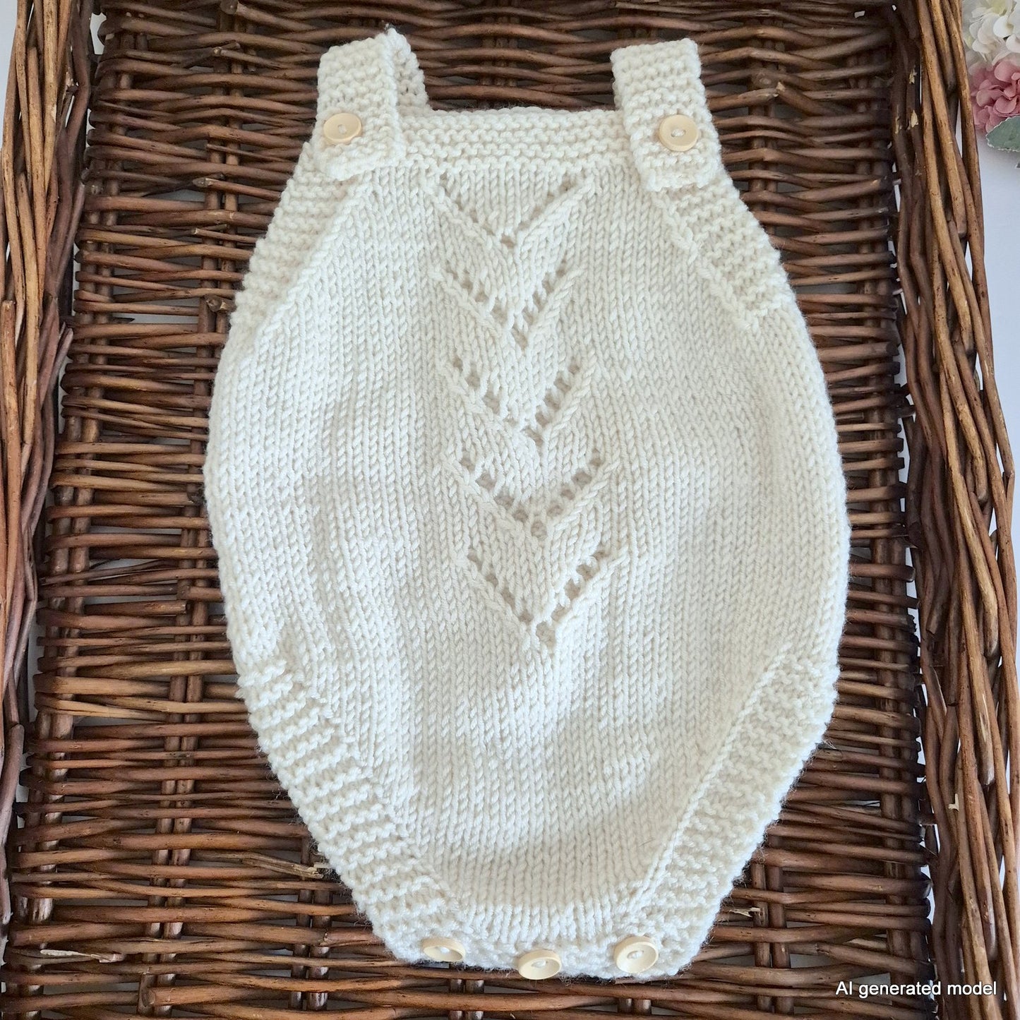 Knitted baby romper on a wicker surface