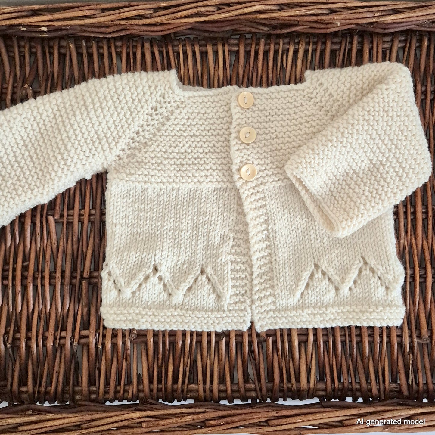 Knitted baby cardigan on a wicker surface