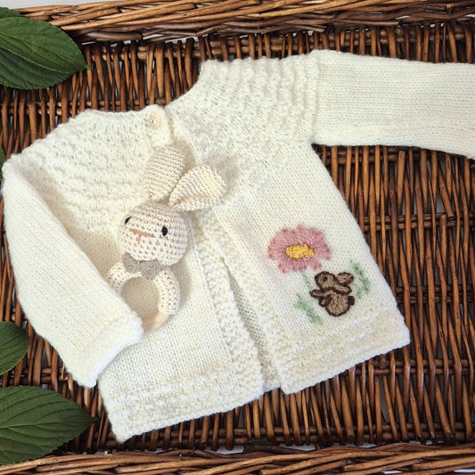 Cream Knitted Baby Cardigan with Bunny Embroidery and Toy Bunny Rattle  0-3 months (Ready to Send)