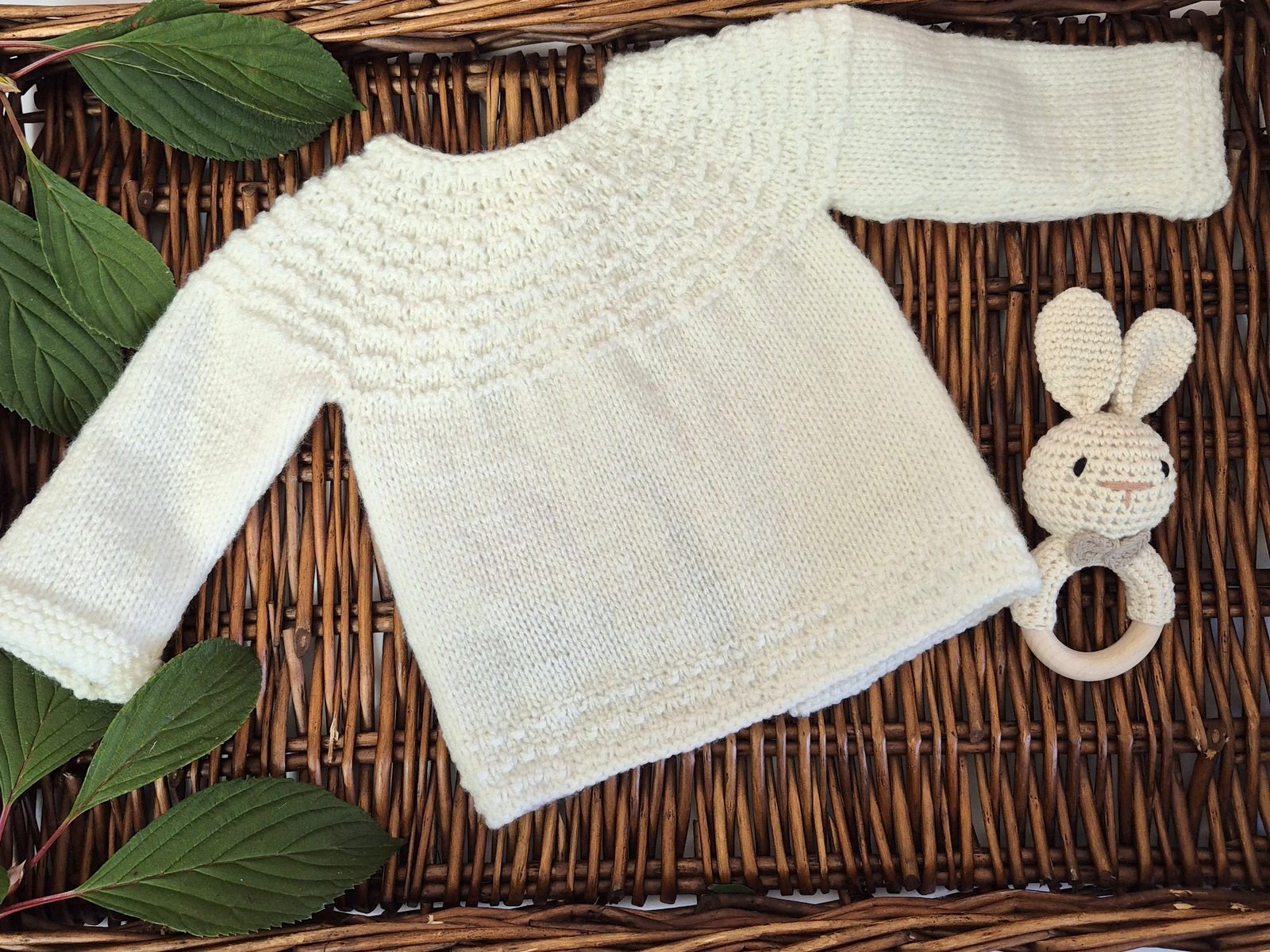 Cream Knitted Baby Cardigan with Bunny Embroidery and Toy Bunny Rattle  0-3 months (Ready to Send)