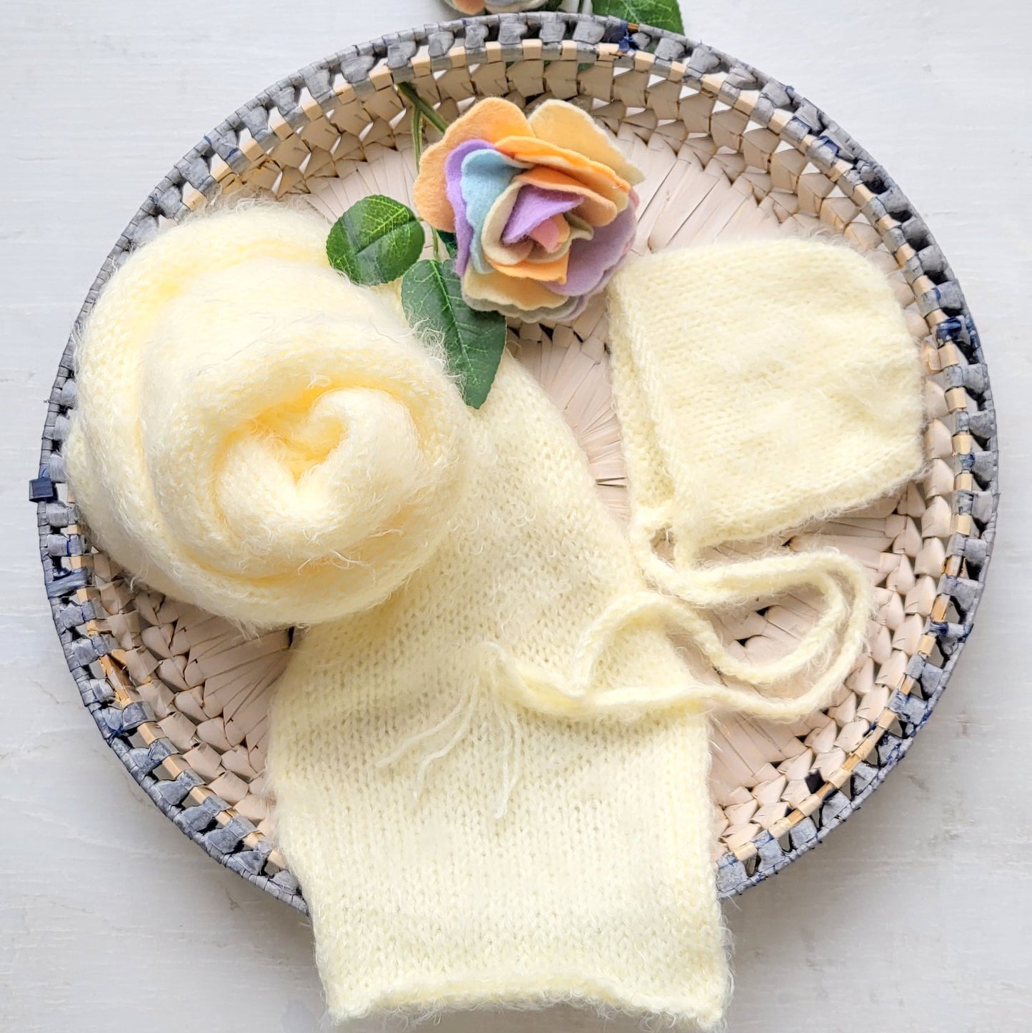 Silky Soft Lemon Cream LONG stretch wrap and Newborn bonnet set  (Ready to send)