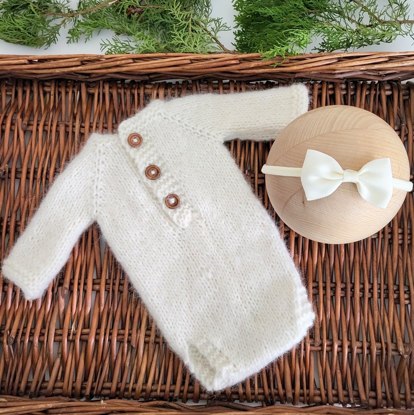 cream knit long sleeve romper and headband bow for new baby
