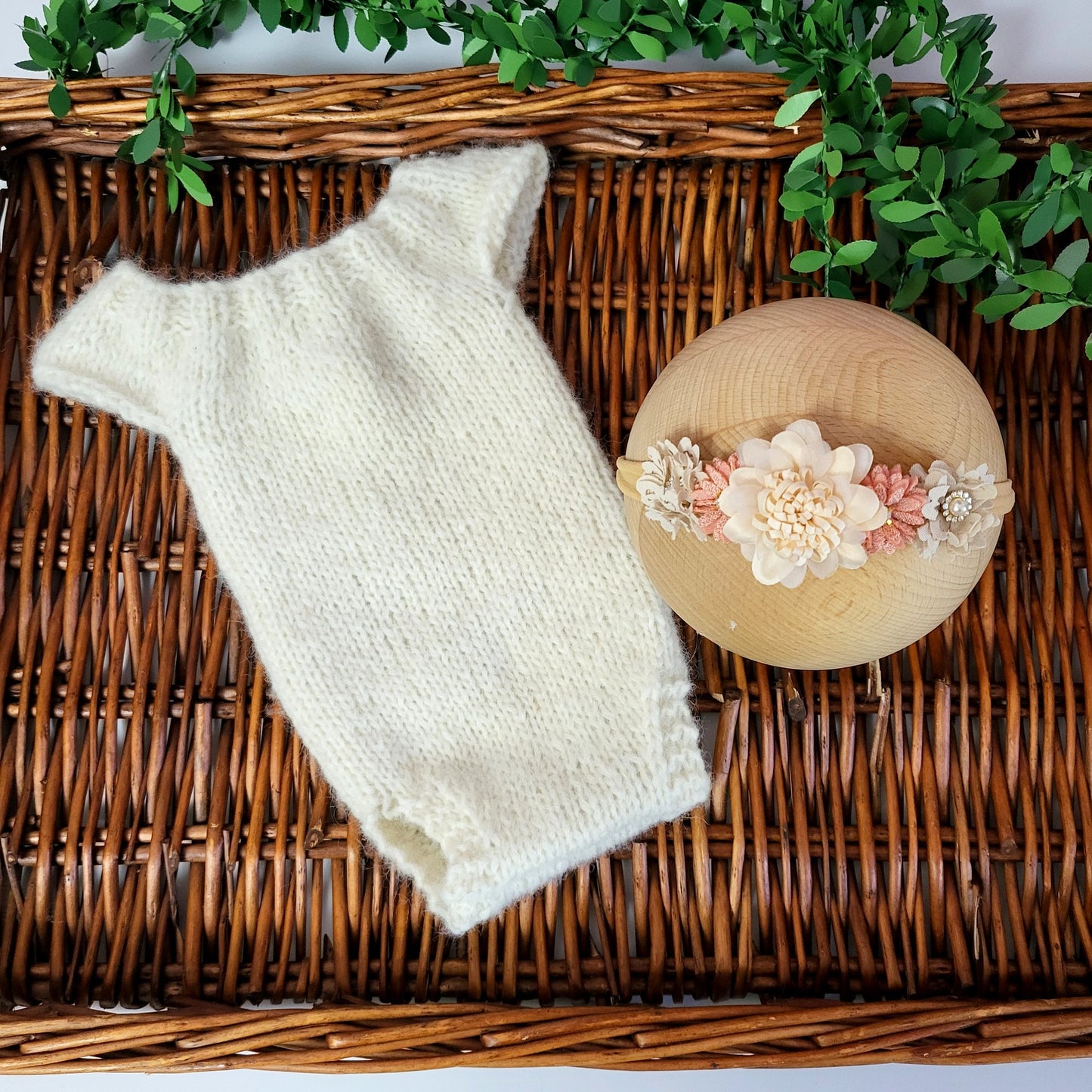 Cream knitted alpaca Newborn Romper + FREE headband (Ready to Send)