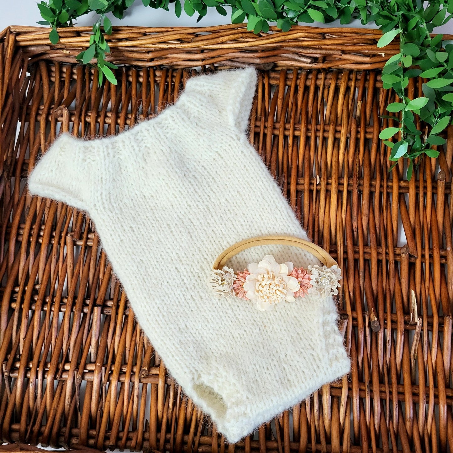 Cream knitted alpaca Newborn Romper + FREE headband (Ready to Send)