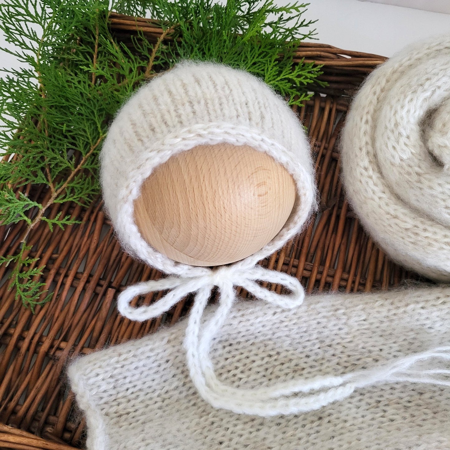 Creamy Oatmeal Beige LONG stretch wrap and Newborn bonnet set (Ready to Send)