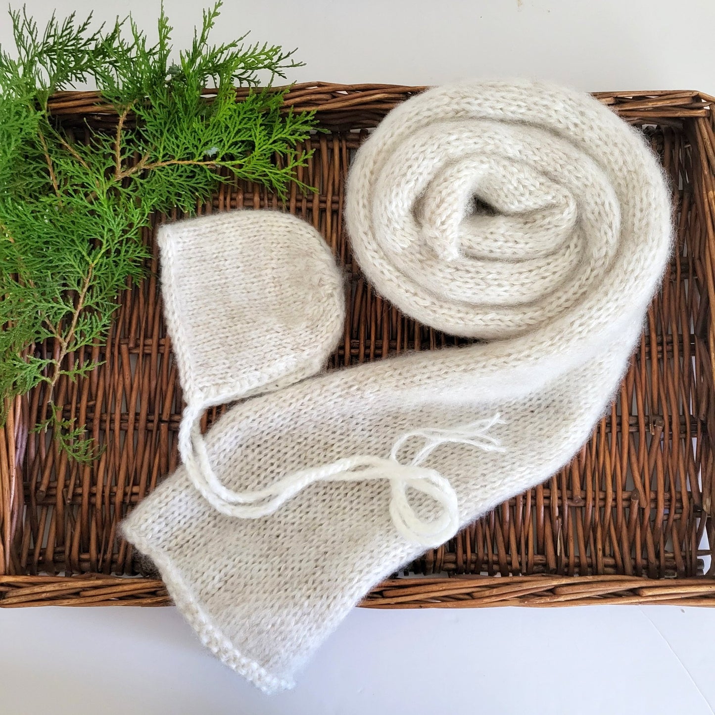 Creamy Oatmeal Beige LONG stretch wrap and Newborn bonnet set (Ready to Send)