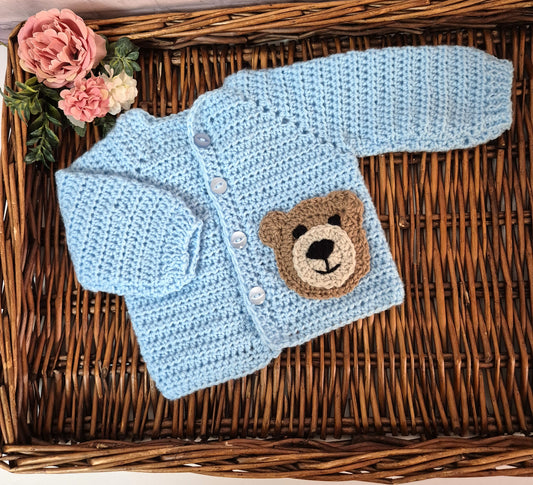 0-6 months  Blue Handmade Crochet Baby Teddy Bear Cardigan Baby Jumper (Ready to Send)