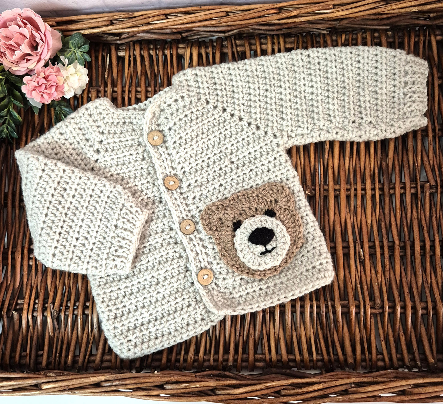 0-6 months Beige Handmade Crochet Baby Teddy Bear Cardigan Baby Jumper (Ready to Send)