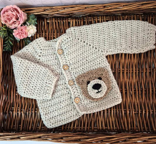 0-6 months Beige Handmade Crochet Baby Teddy Bear Cardigan Baby Jumper (Ready to Send)