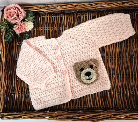 0-6 months Pink Handmade Crochet Baby Teddy Bear Cardigan Baby Jumper (Ready to Send)