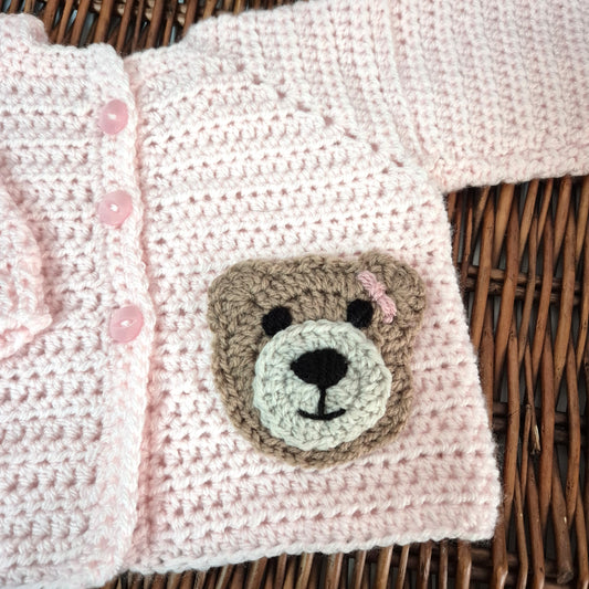 0-6 months Pink Handmade Crochet Baby Teddy Bear Cardigan Baby Jumper (Ready to Send)