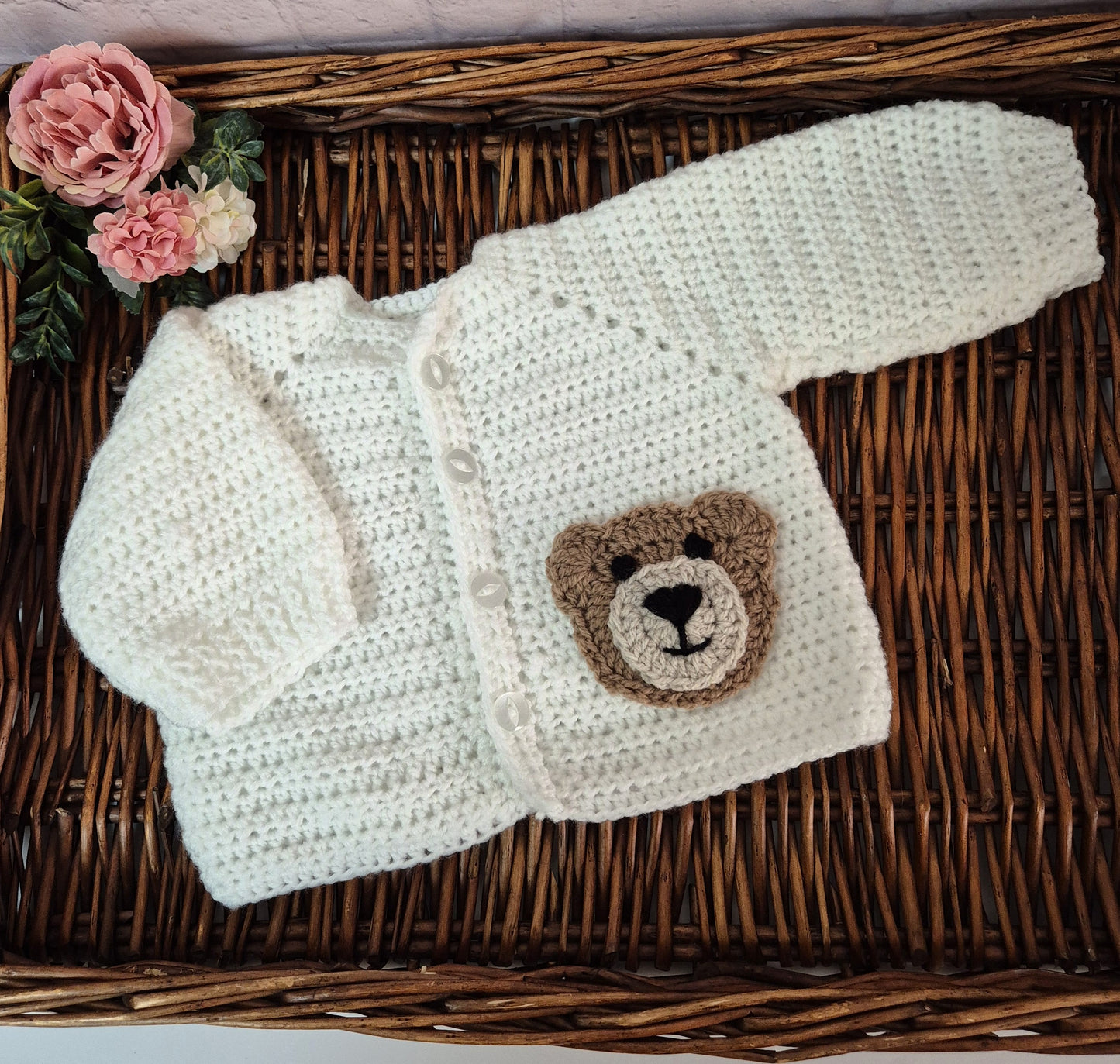 0-6 months White Handmade Crochet Baby Teddy Bear Cardigan Baby Jumper (Ready to Send)