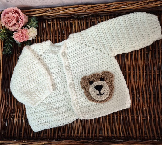 0-6 months White Handmade Crochet Baby Teddy Bear Cardigan Baby Jumper (Ready to Send)