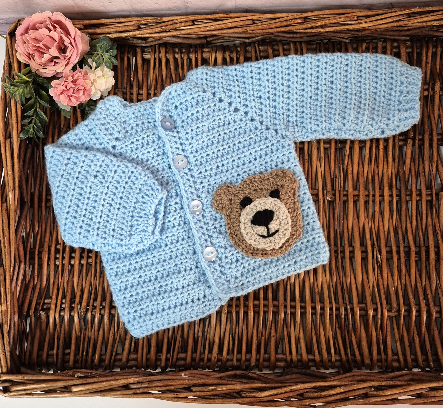 0-6 months  Blue Handmade Crochet Baby Teddy Bear Cardigan Baby Jumper (Ready to Send)