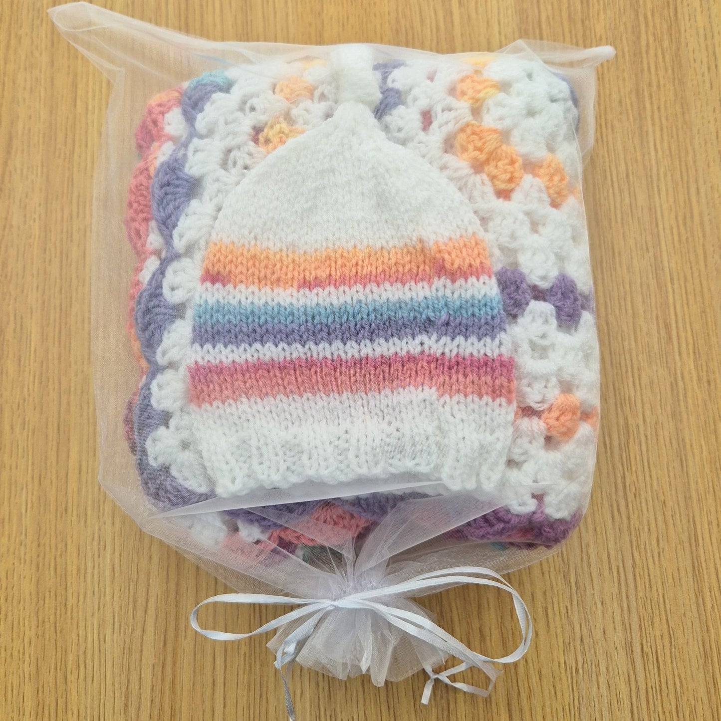 Rainbow Dots Crochet Baby Blanket with matching Top Knot Hat (Ready to send) Baby gift set