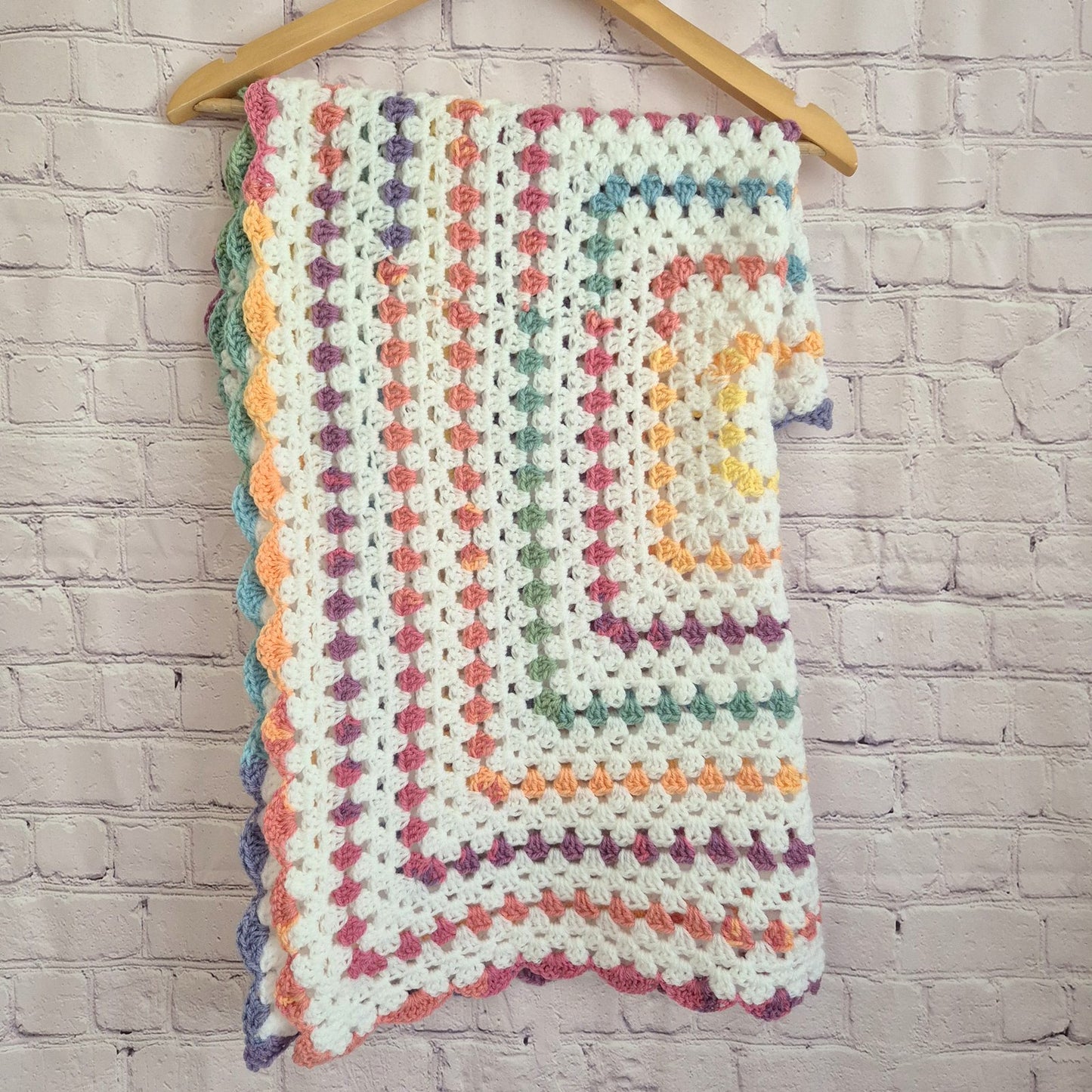 Rainbow Dots Crochet Baby Blanket with matching Top Knot Hat (Ready to send) Baby gift set