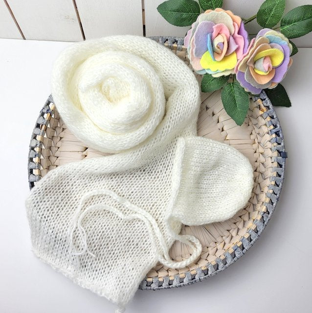 white knitted long wrap for newborn photography with matching classic style bonnet
