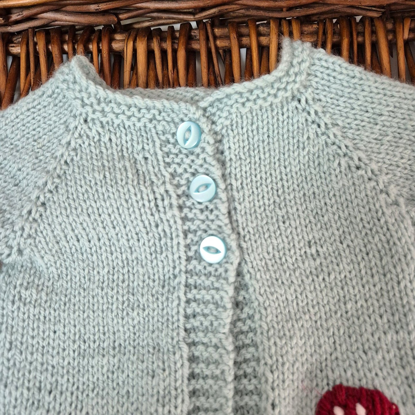 Handmade 0-3 months Knitted Duck Egg Blue Baby Cardigan with Toadstools  (Ready to Send)