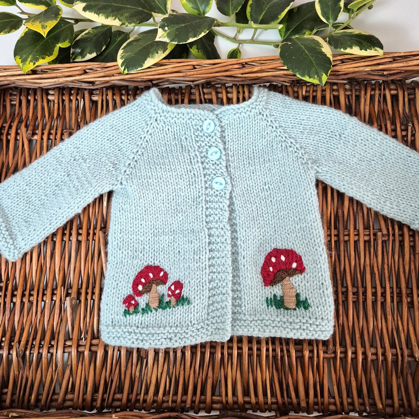 Handmade 0-3 months Knitted Duck Egg Blue Baby Cardigan with Toadstools  (Ready to Send)
