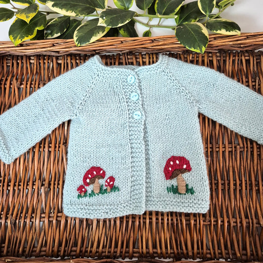 Handmade 0-3 months Knitted Duck Egg Blue Baby Cardigan with Toadstools  (Ready to Send)