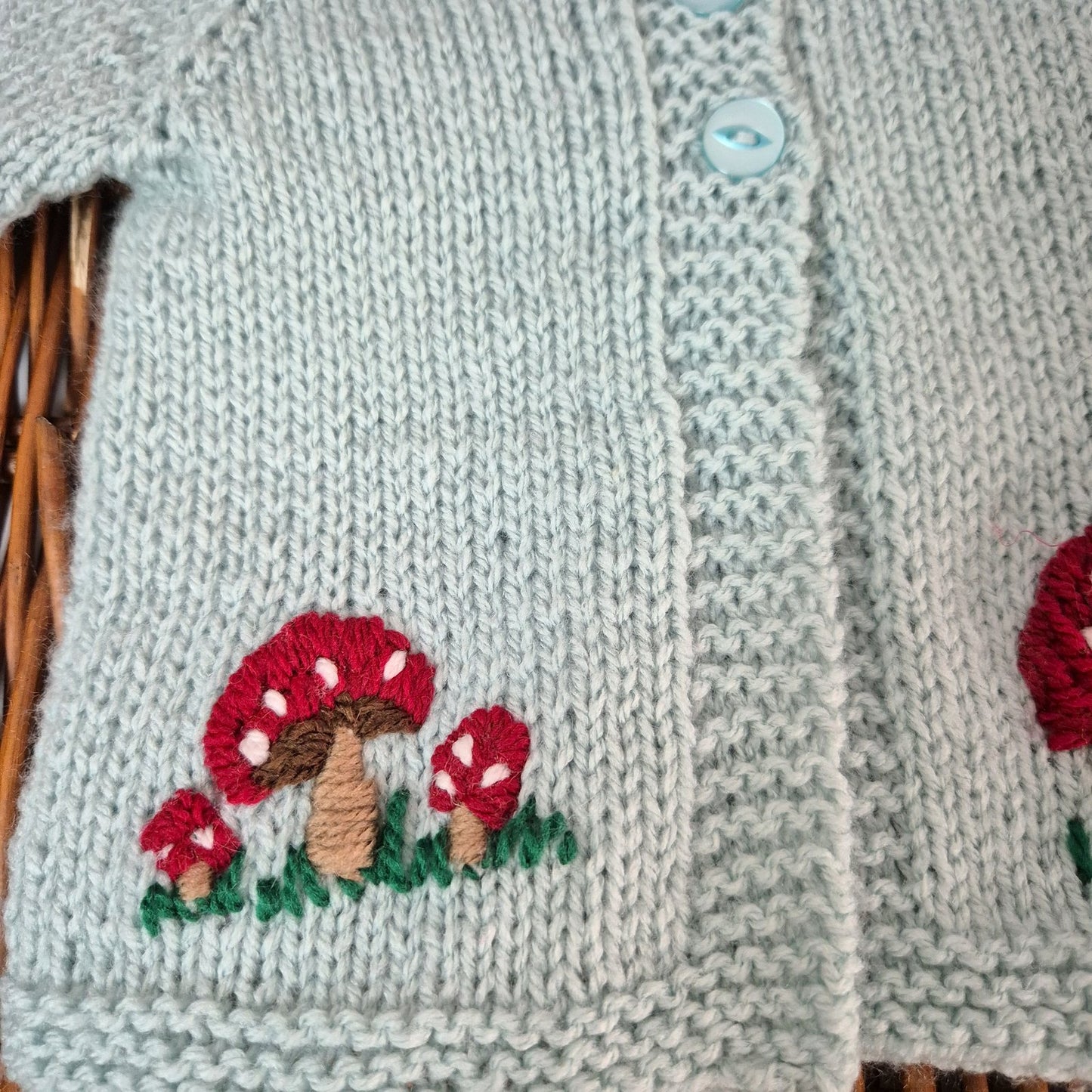 Handmade 0-3 months Knitted Duck Egg Blue Baby Cardigan with Toadstools  (Ready to Send)