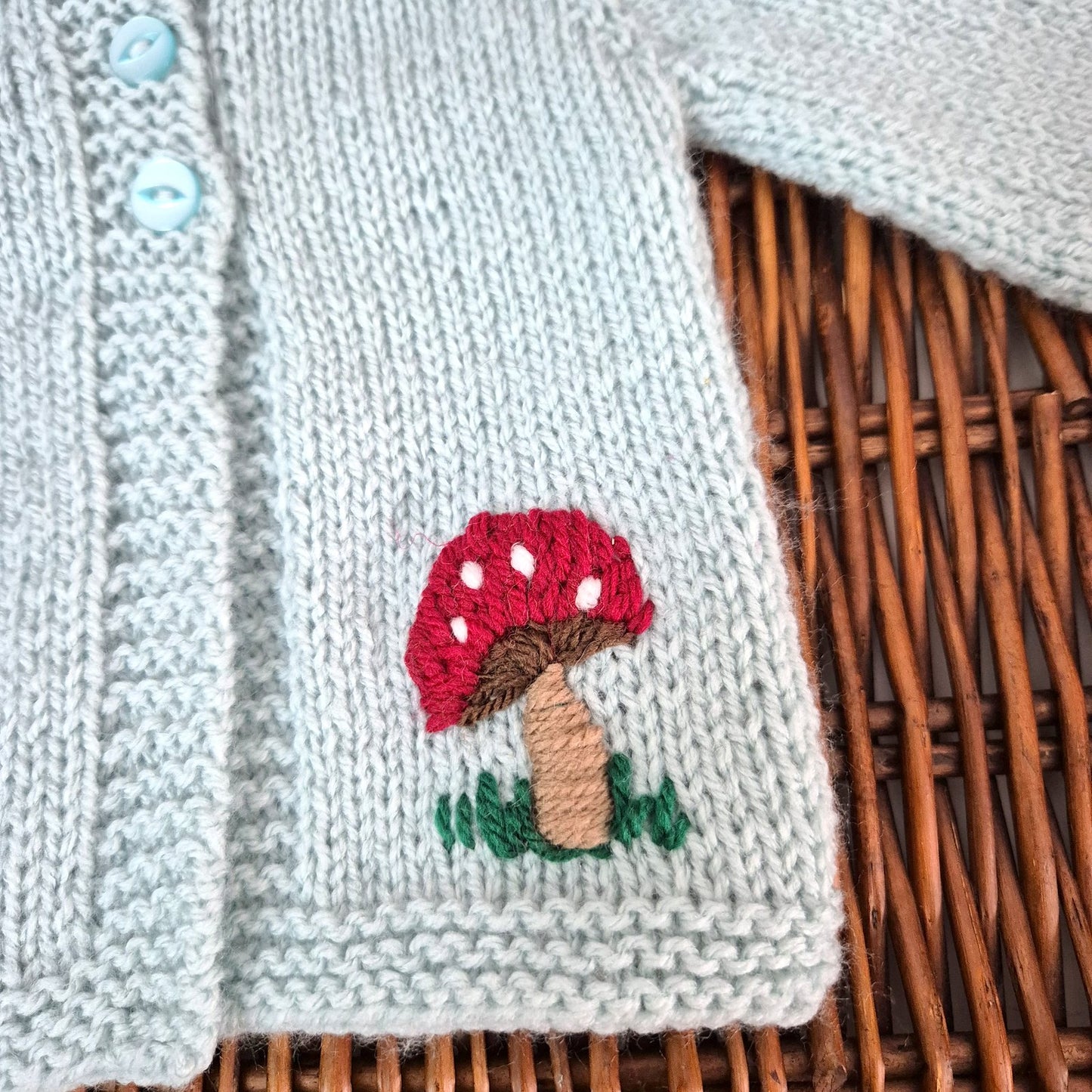 Handmade 0-3 months Knitted Duck Egg Blue Baby Cardigan with Toadstools  (Ready to Send)