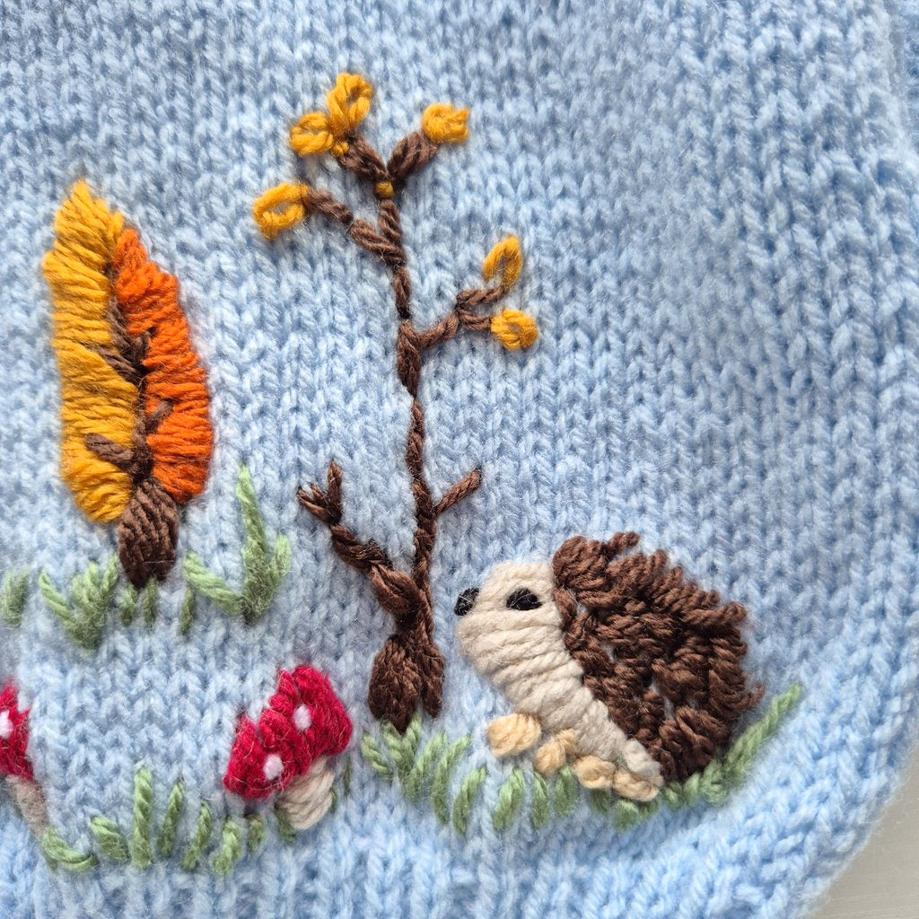 0-3 months Embroidered Blue Baby Jumper  (Ready to Send) Embroidered hedgehog, deer and mushrooms. Baby Shower gift.