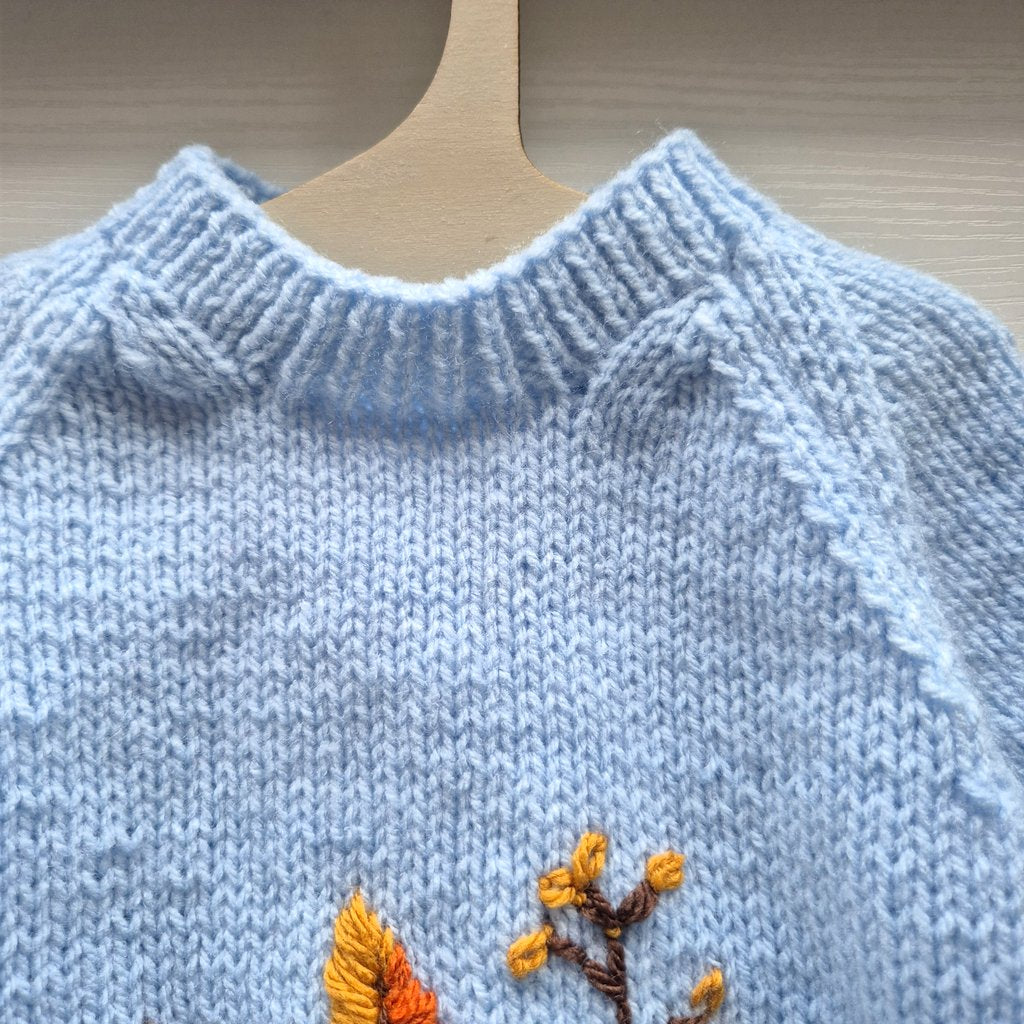 0-3 months Embroidered Blue Baby Jumper  (Ready to Send) Embroidered hedgehog, deer and mushrooms. Baby Shower gift.