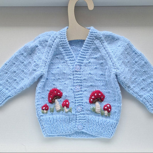 0-3 months Handmade Knitted Blue Baby Cardigan with Red Embroidered Toadstools  (Ready to Send) Boys Baby shower gift