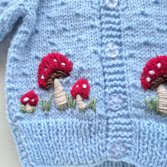 0-3 months Handmade Knitted Blue Baby Cardigan with Red Embroidered Toadstools  (Ready to Send) Boys Baby shower gift
