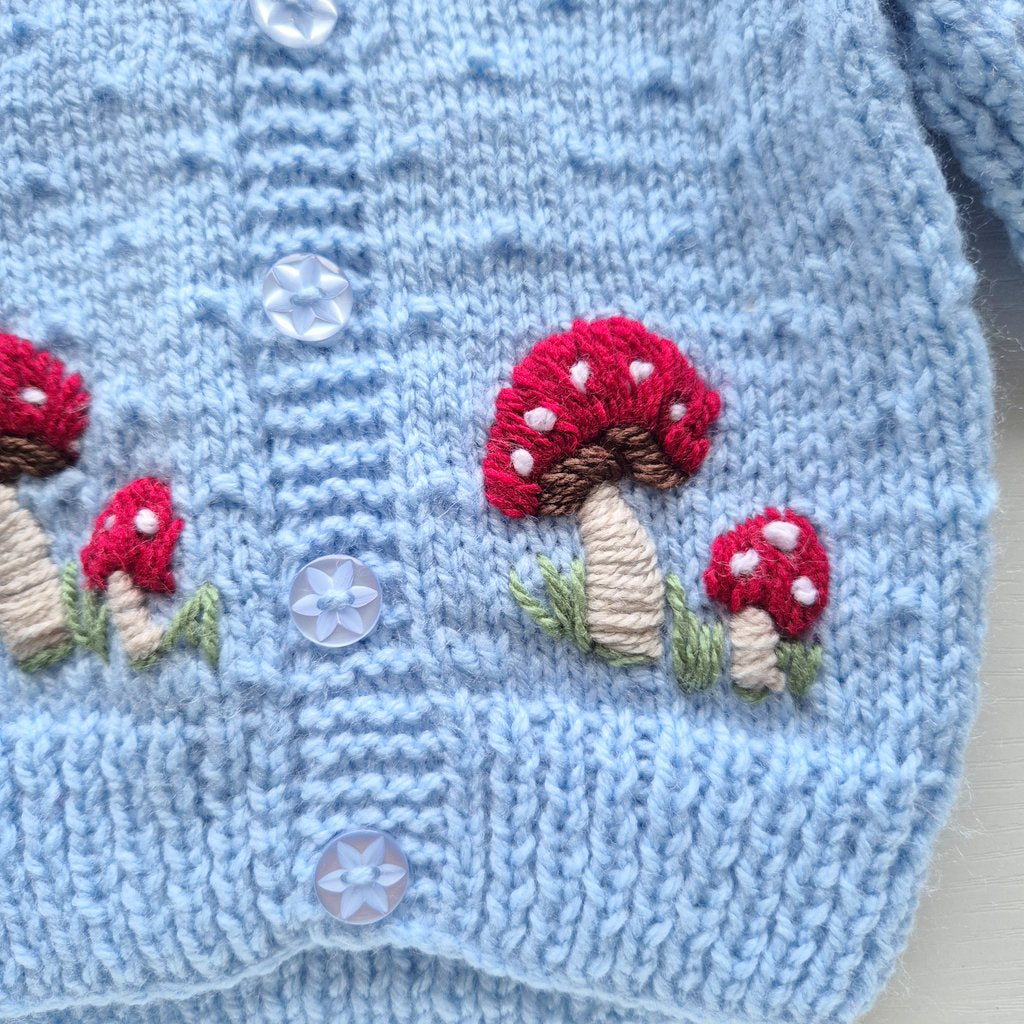 0-3 months Handmade Knitted Blue Baby Cardigan with Red Embroidered Toadstools  (Ready to Send) Boys Baby shower gift