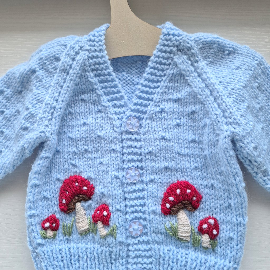 0-3 months Handmade Knitted Blue Baby Cardigan with Red Embroidered Toadstools  (Ready to Send) Boys Baby shower gift