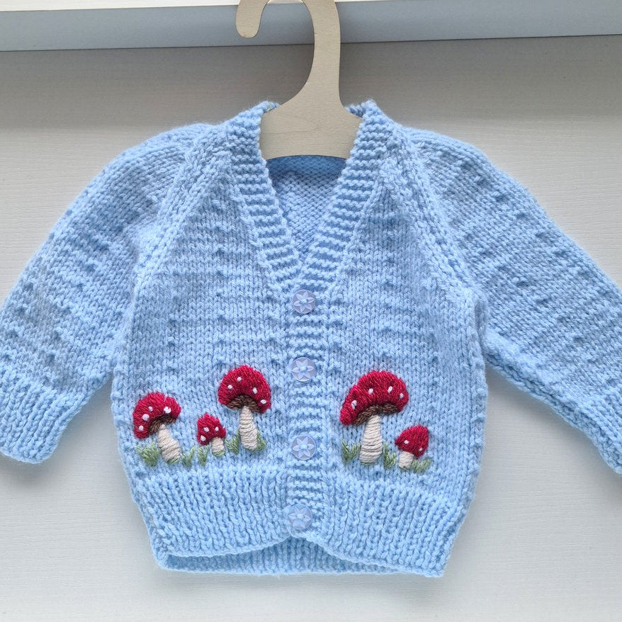 0-3 months Handmade Knitted Blue Baby Cardigan with Embroidered Red Toadstools  (Ready to Send) Boys Baby shower gift
