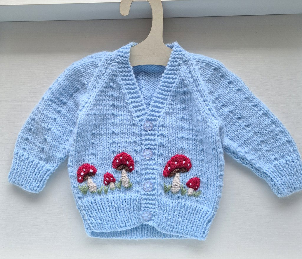 0-3 months Handmade Knitted Blue Baby Cardigan with Red Embroidered Toadstools  (Ready to Send) Boys Baby shower gift