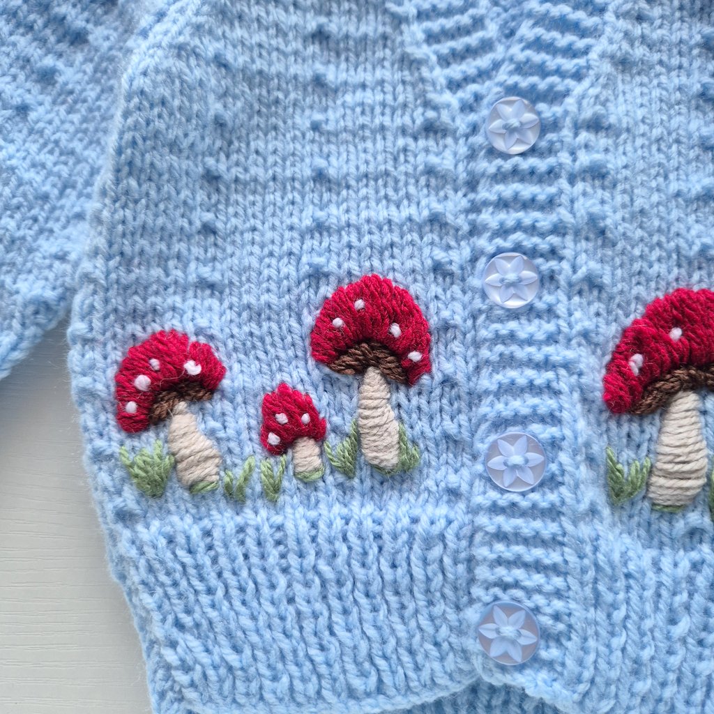 0-3 months Handmade Knitted Blue Baby Cardigan with Red Embroidered Toadstools  (Ready to Send) Boys Baby shower gift