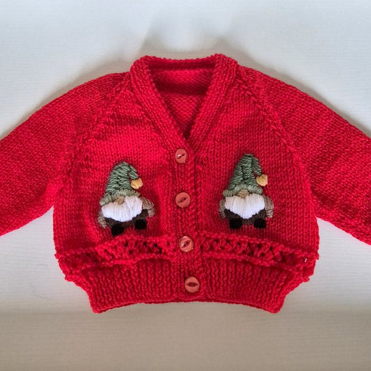0-3 months Handmade Knitted Red Baby Cardigan with Embroidered Gonk Gnomes (Ready to Send) Baby shower gift. First Christmas gift.