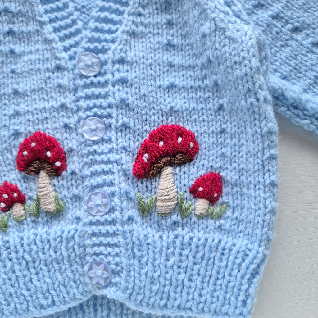 0-3 months Handmade Knitted Blue Baby Cardigan with Red Embroidered Toadstools  (Ready to Send) Boys Baby shower gift